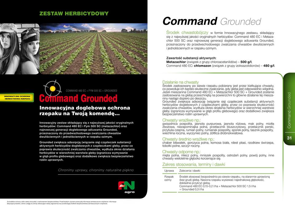 Zawartość substancji aktywnych: Metazachlor (związek z grupy chloroacetanilidów) 500 g/l, Command 480 EC: chlomazon (związek z grupy izoksazolidionów) 480 g/l.