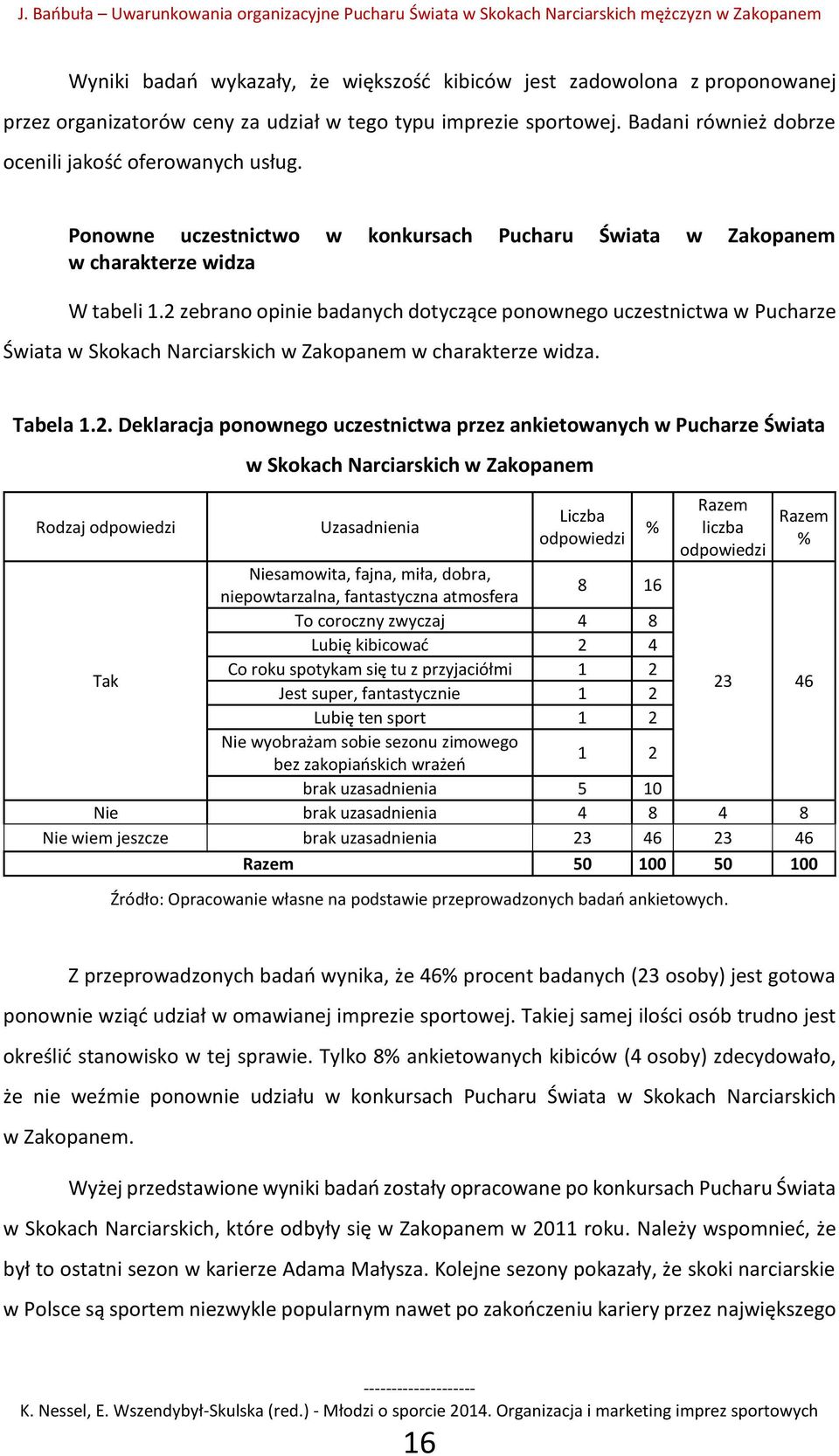 2 zebrano opinie badanych dotyczące ponownego uczestnictwa w Pucharze Świata w Skokach Narciarskich w Zakopanem w charakterze widza. Tabela 1.2. Deklaracja ponownego uczestnictwa przez ankietowanych