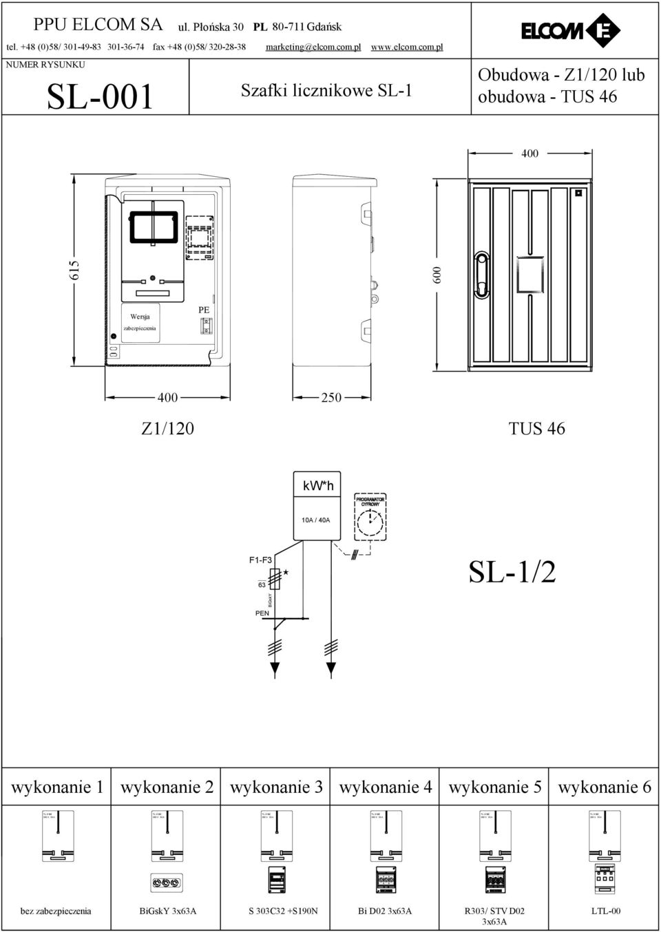 com.pl www.elcom.com.pl Szafki licznikowe SL-1 Obudowa - Z1/120 lub obudowa - TUS 46 400 S4 Wersja zabezpieczenia PE