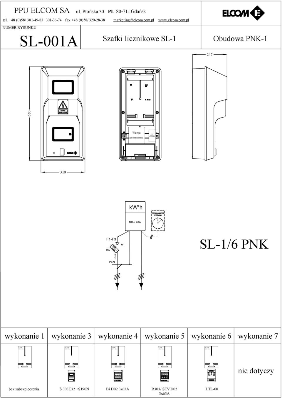 Płońska 30 PL 80-711 Gdańsk Szafki licznikowe SL-1 247 Obudowa PNK-1 kw*h 10A / 40A F1-F3 160 670 Wersja