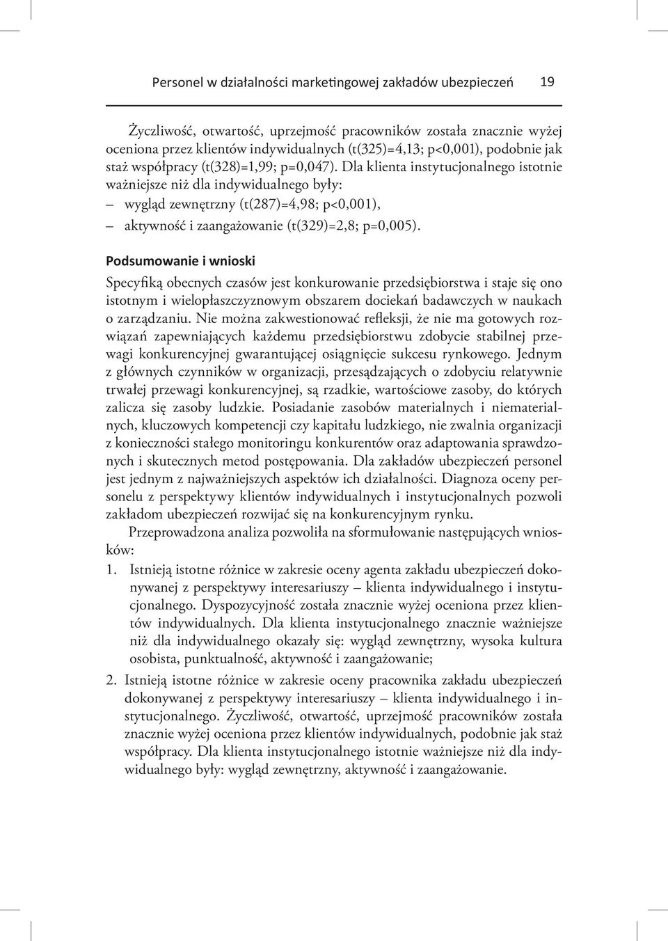 Dla klienta instytucjonalnego istotnie ważniejsze niż dla indywidualnego były: wygląd zewnętrzny (t(287)=4,98; p<0,001), aktywność i zaangażowanie (t(329)=2,8; p=0,005).