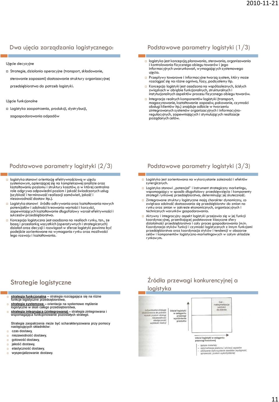 Ujęcie funkcjonalne Logistyka zaopatrzenia, produkcji, dystrybucji, zagospodarowania odpadów Podstawowe parametry logistyki (1/3) logistyka jest koncepcją planowania, sterowania, organizowania i