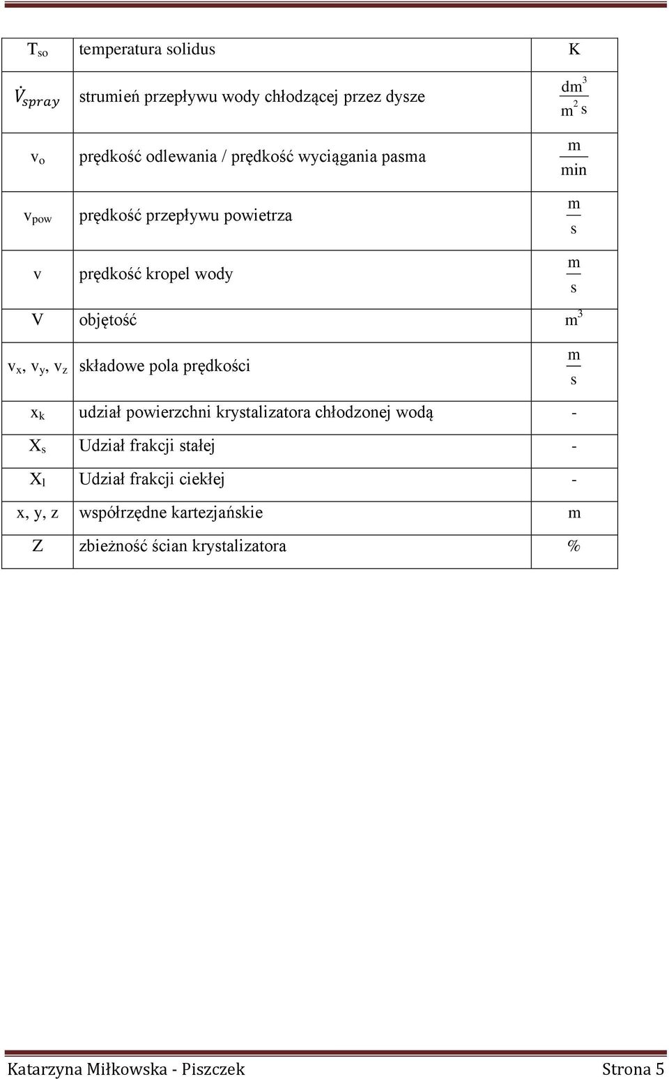 składowe pola prędkości x k udział powierzchni krystalizatora chłodzonej wodą - X s Udział frakcji stałej - X l Udział