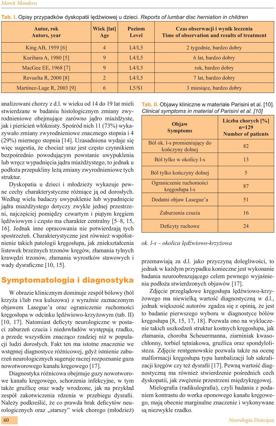 L4/L5 2 tygodnie, bardzo dobry Kurihara A, 1980 [5] 9 L4/L5 6 lat, bardzo dobry MacGee EE, 1968 [7] 9 L4/L5 rok, bardzo dobry Revuelta R, 2000 [8] 2 L4/L5 7 lat, bardzo dobry Martinez-Lage R, 2003