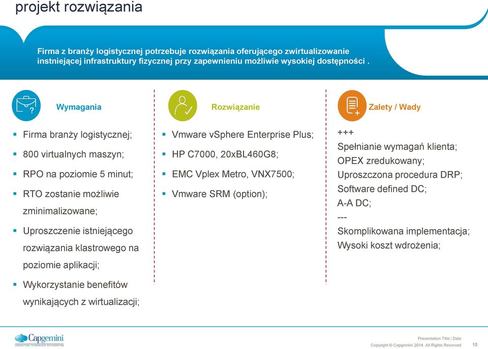 Wymagania Rozwiązanie Zalety / Wady Firma branży logistycznej; 800 virtualnych maszyn; RPO na poziomie 5 minut; RTO zostanie możliwie zminimalizowane; Uproszczenie istniejącego