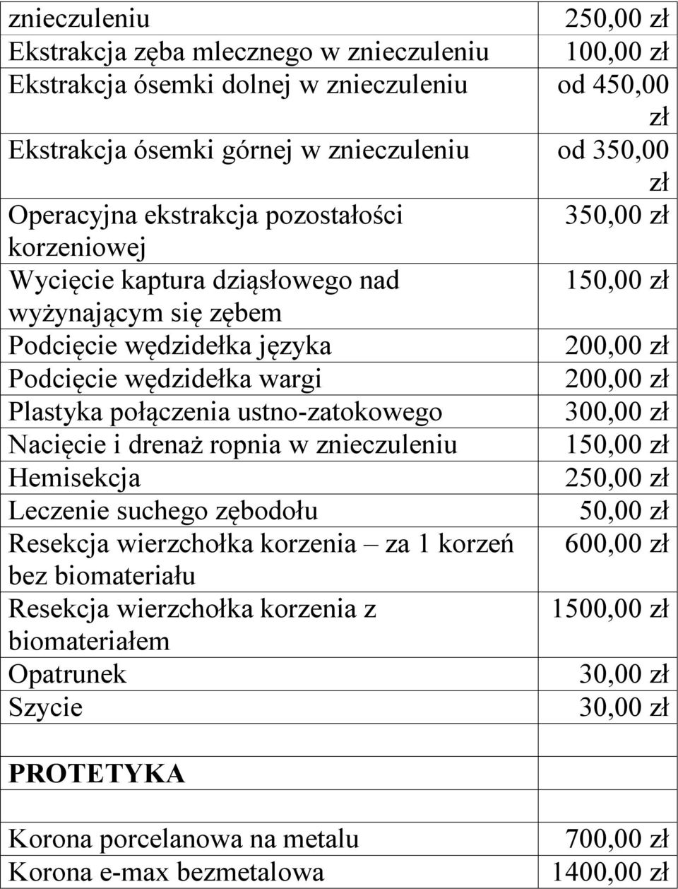 Plastyka połączenia ustno-zatokowego Nacięcie i drenaż ropnia w znieczuleniu 1 Hemisekcja 2 Leczenie suchego zębodołu Resekcja wierzchołka korzenia za 1 korzeń 600,00