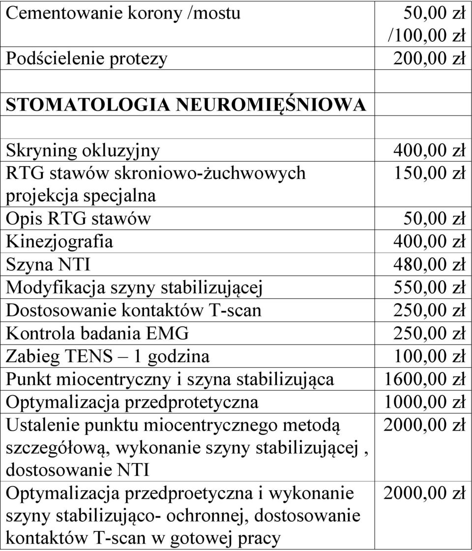 szyna stabilizująca Optymalizacja przedprotetyczna Ustalenie punktu miocentrycznego metodą szczegółową, wykonanie szyny stabilizującej, dostosowanie NTI