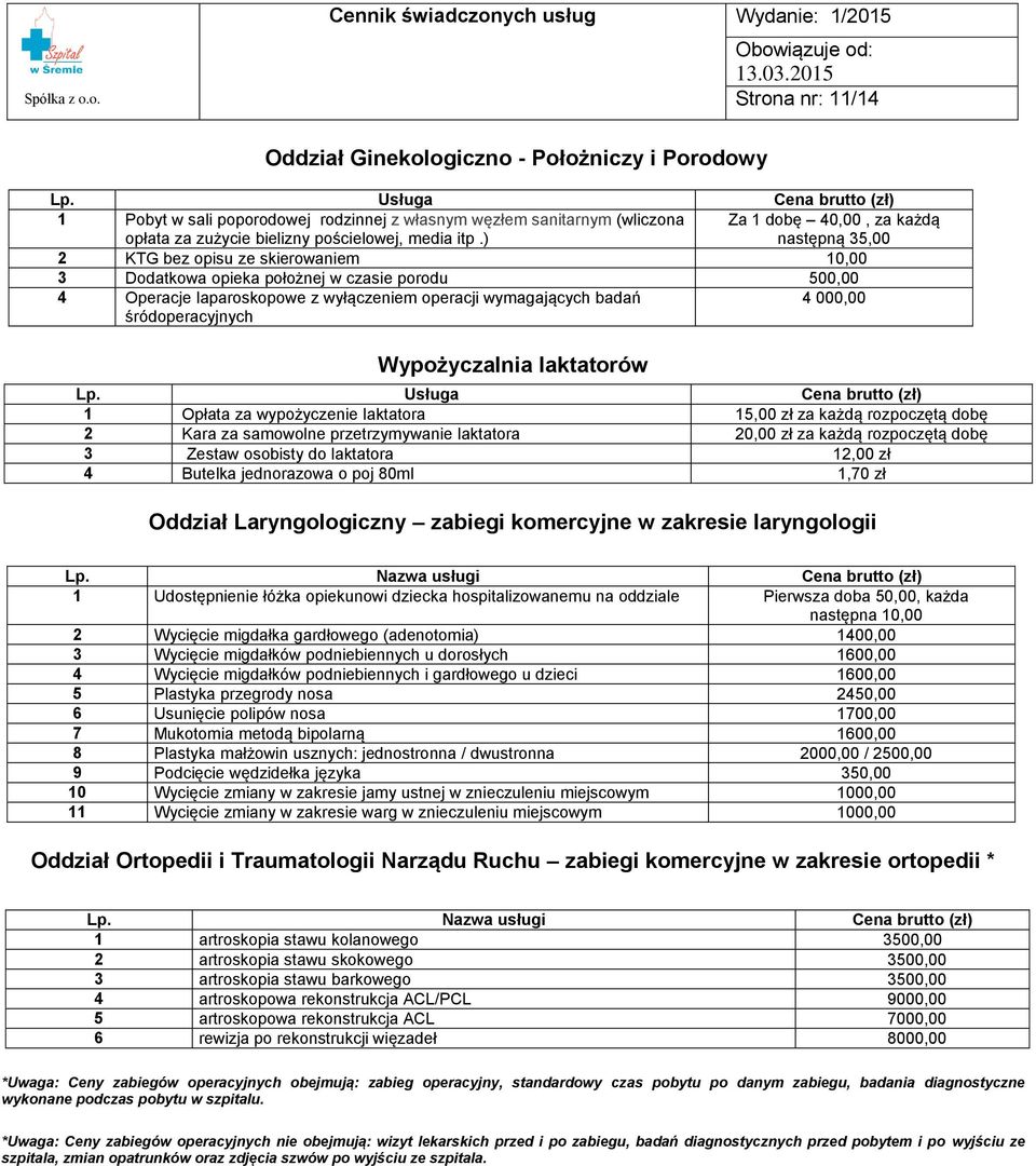 ) Za 1 dobę 40,00, za każdą następną 35,00 2 KTG bez opisu ze skierowaniem 10,00 3 Dodatkowa opieka położnej w czasie porodu 500,00 4 Operacje laparoskopowe z wyłączeniem operacji wymagających badań