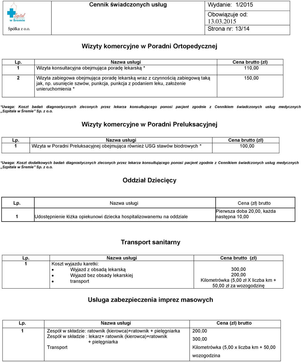 usunięcie szwów, punkcja, punkcja z podaniem leku, założenie unieruchomienia * 150,00 *Uwaga: Koszt badań diagnostycznych zleconych przez lekarza konsultującego ponosi pacjent zgodnie z Cennikiem