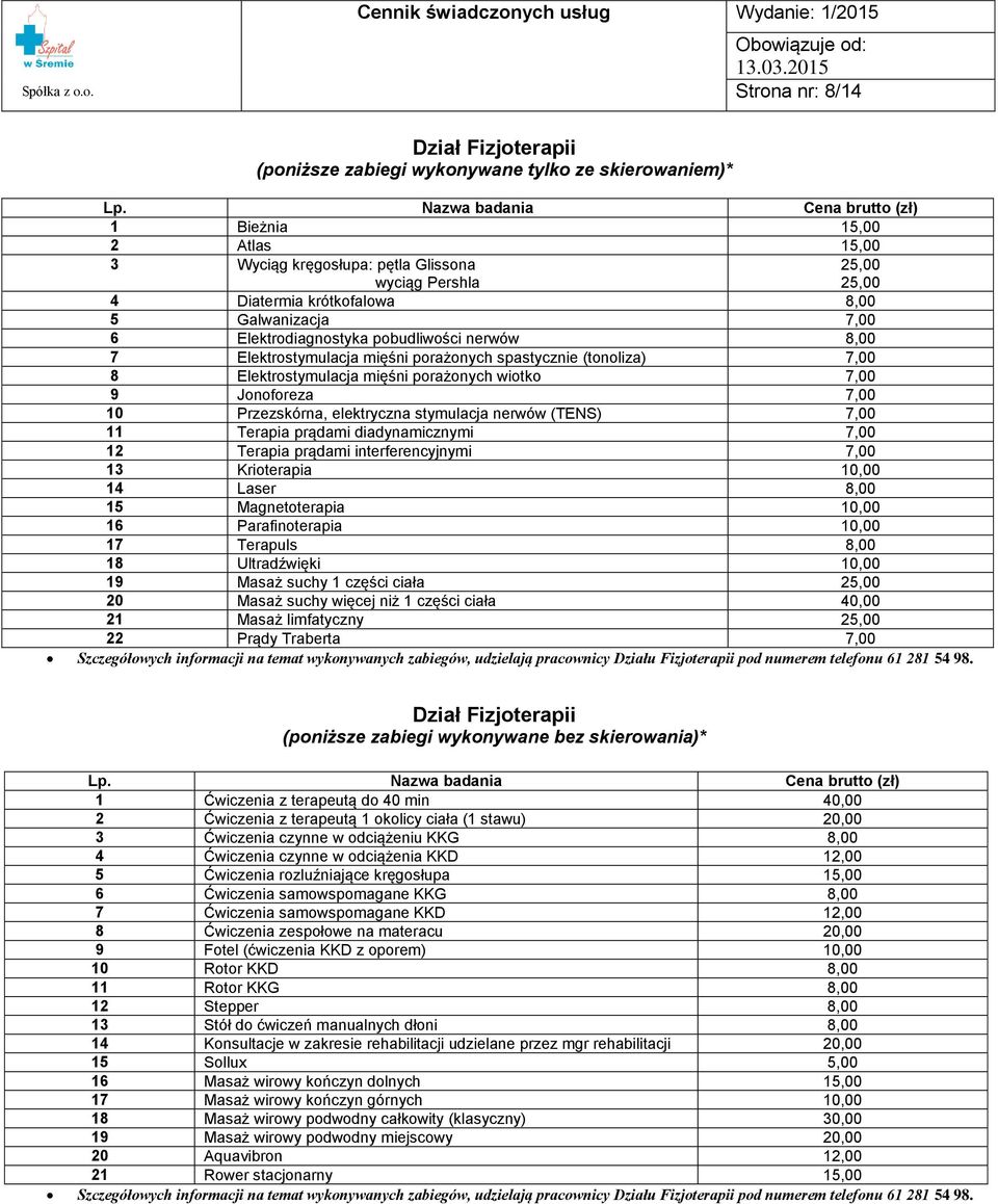 pobudliwości nerwów 8,00 7 Elektrostymulacja mięśni porażonych spastycznie (tonoliza) 7,00 8 Elektrostymulacja mięśni porażonych wiotko 7,00 9 Jonoforeza 7,00 10 Przezskórna, elektryczna stymulacja