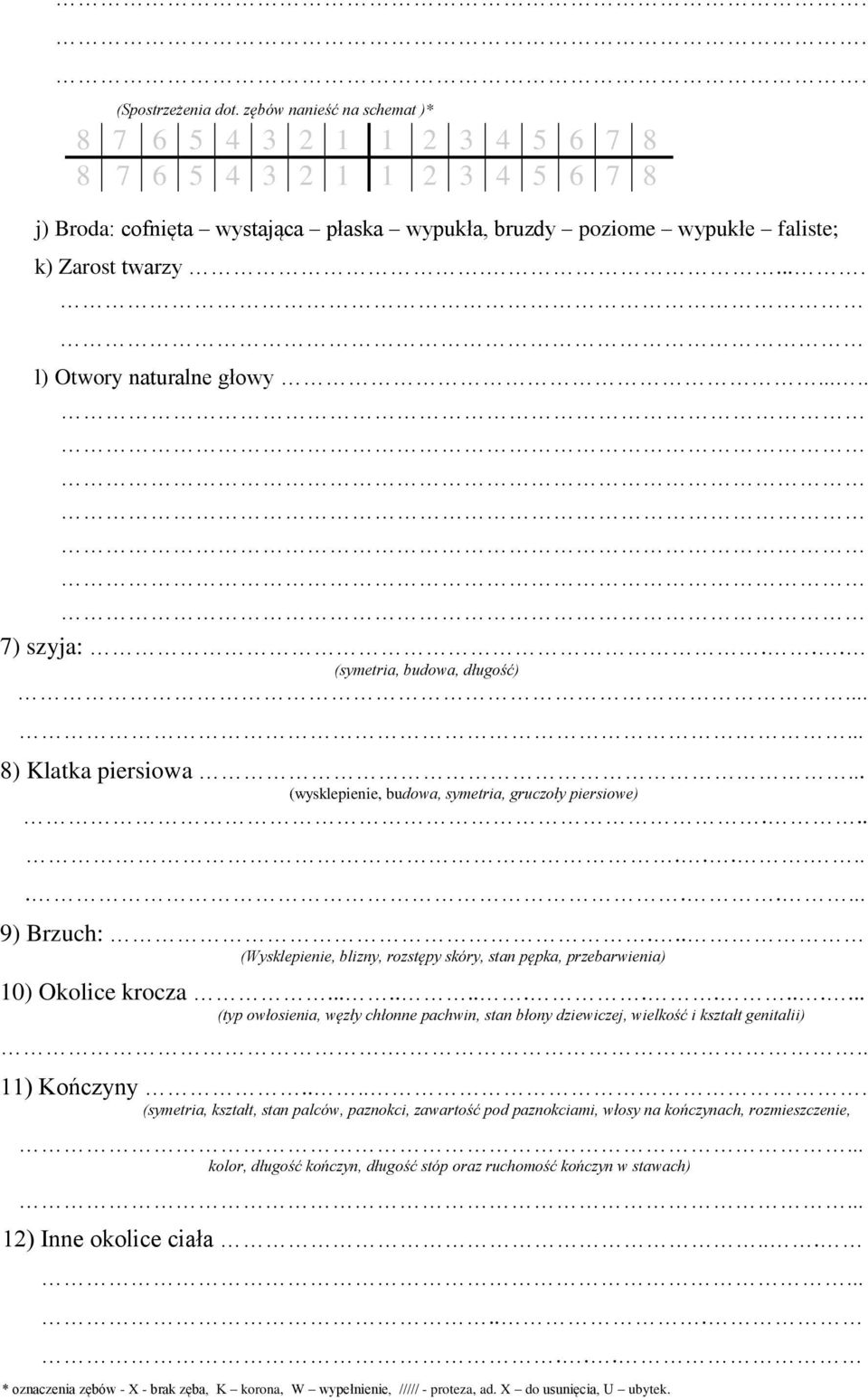 .... l) Otwory naturalne głowy..... 7) szyja:... (symetria, budowa, długość)...... 8) Klatka piersiowa... (wysklepienie, budowa, symetria, gruczoły piersiowe)............... 9) Brzuch:.