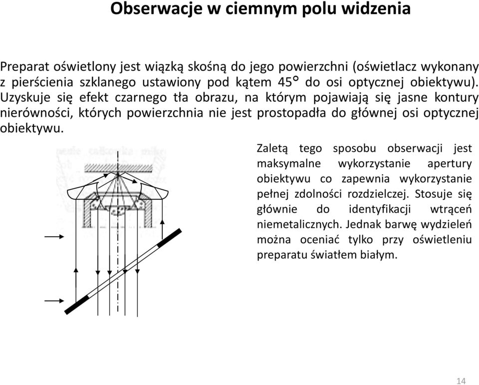 Uzyskuje się efekt czarnego tła obrazu, na którym pojawiają się jasne kontury nierówności, których powierzchnia nie jest prostopadła do głównej osi optycznej