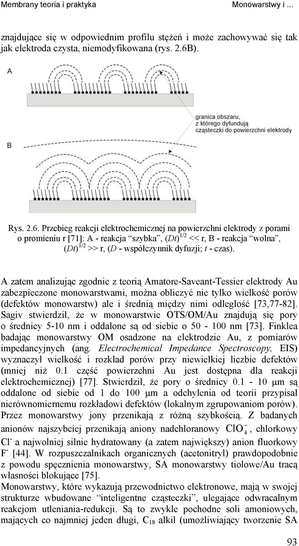 Przebieg reakcji elektrochemicznej na powierzchni elektrody z porami o promieniu r [71]: A - reakcja szybka, (Dt) 1/2 << r, B - reakcja wolna, (Dt) 1/2 >> r, (D - współczynnik dyfuzji; t - czas).