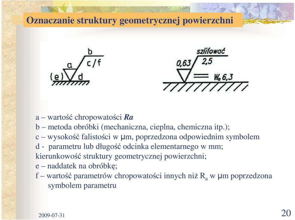 ); c wysokość falistości w µm, poprzedzona odpowiednim symbolem d - parametru lub długość odcinka