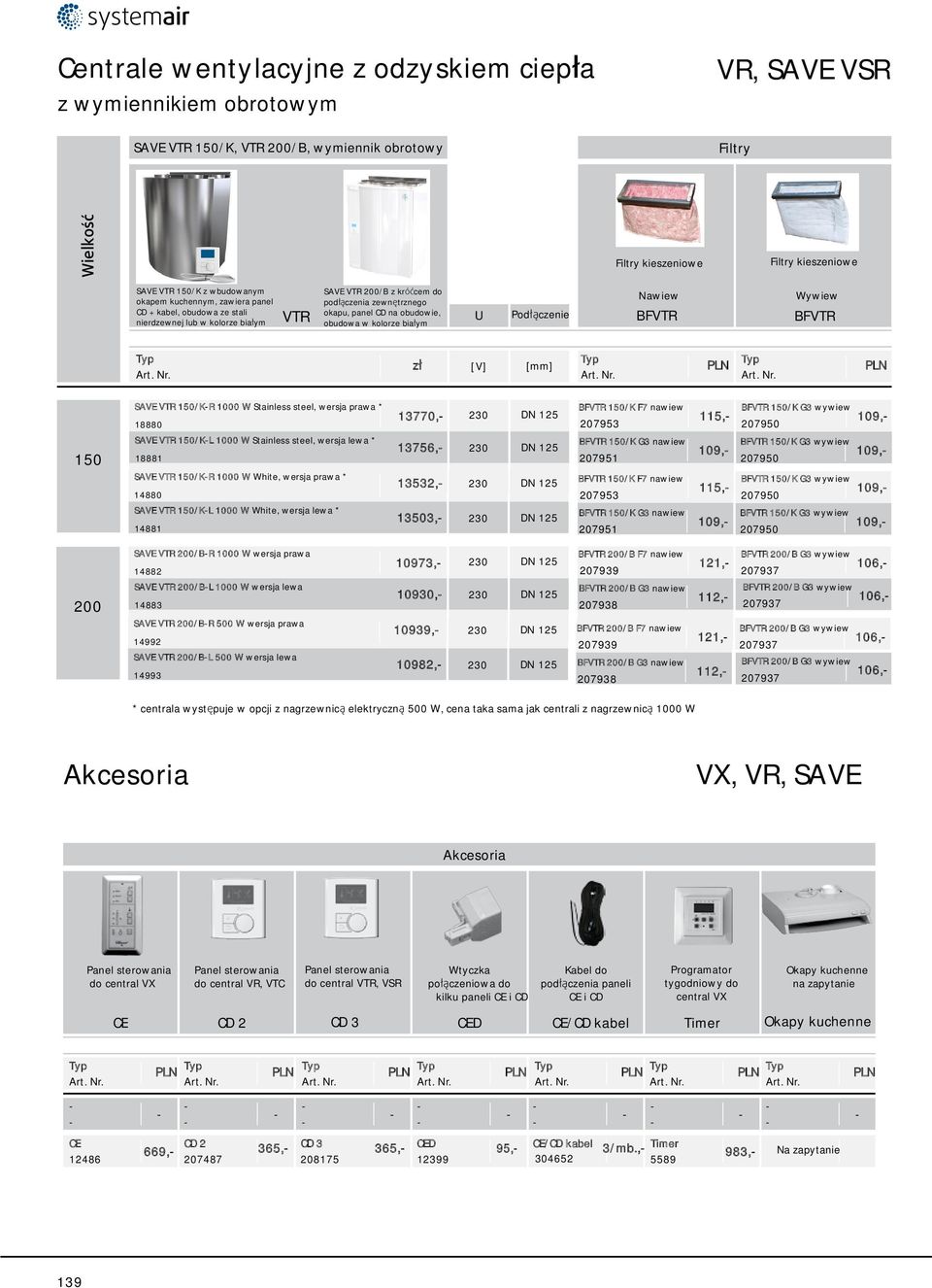 SAVE VTR 150/K-R 1000 W Stainless steel, wersja prawa * 18880 BFVTR 150/K F7 nawiew BFVTR 150/K G3 wywiew 13770,- 230 DN 125 115,- 109,- 207953 207950 SAVE VTR 150/K-L 1000 W Stainless steel, wersja