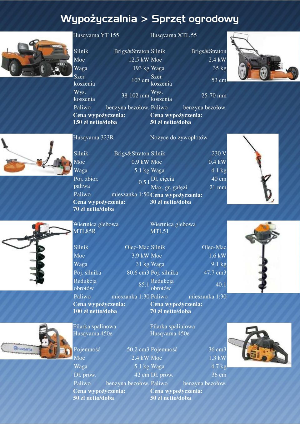 zbior. Dł. cięcia 0.5 l paliwa Max. gr. gałęzi Paliwo mieszanka 1:50 30 zł netto/doba 230 V 0.4 kw 4.1 kg 40 cm 21 mm Wiertnica glebowa MTL85R Wiertnica glebowa MTL51 Poj.