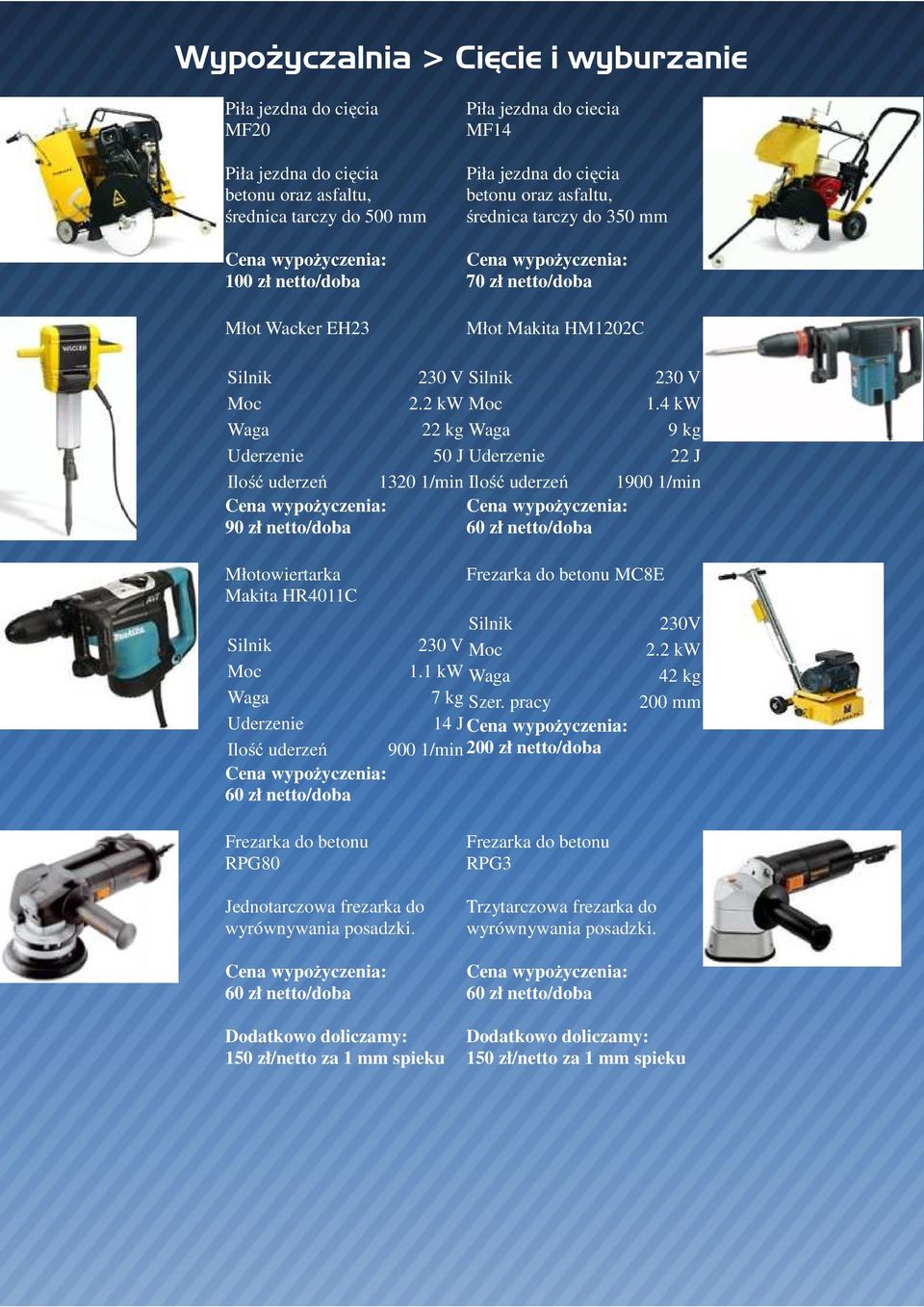 4 kw 22 kg 9 kg Uderzenie 50 J Uderzenie 22 J Ilość uderzeń 1320 1/min Ilość uderzeń 1900 1/min 90 zł netto/doba Młotowiertarka Makita HR4011C Frezarka do betonu MC8E 230 V 1.1 kw 7 kg Szer.