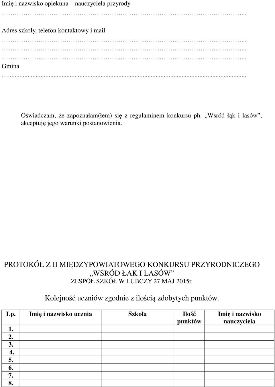 PROTOKÓŁ Z II MIĘDZYPOWIATOWEGO KONKURSU PRZYRODNICZEGO WŚRÓD ŁAK I LASÓW ZESPÓŁ SZKÓŁ W LUBCZY 27 MAJ 2015r.