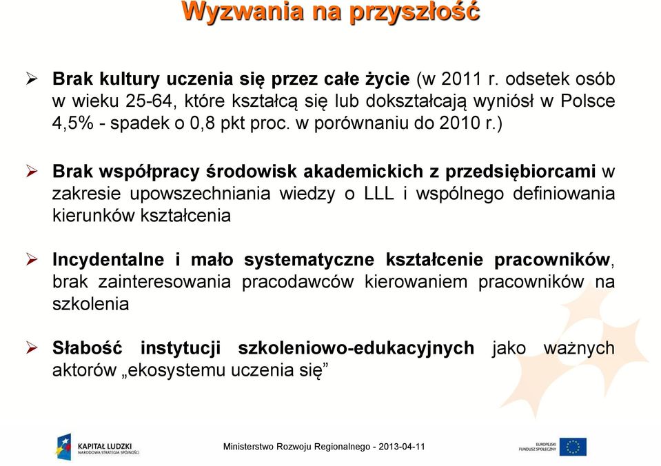 ) Brak współpracy środowisk akademickich z przedsiębiorcami w zakresie upowszechniania wiedzy o LLL i wspólnego definiowania kierunków