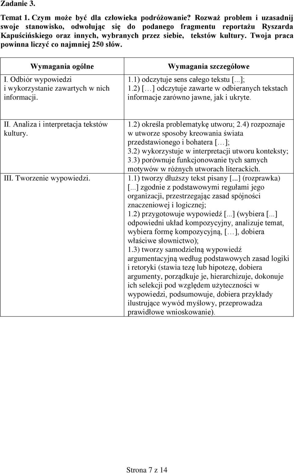 Twoja praca powinna liczyć co najmniej 5 słów. I. Odbiór wypowiedzi i wykorzystanie zawartych w nich informacji. 1.1) odczytuje sens całego tekstu [...]; 1.