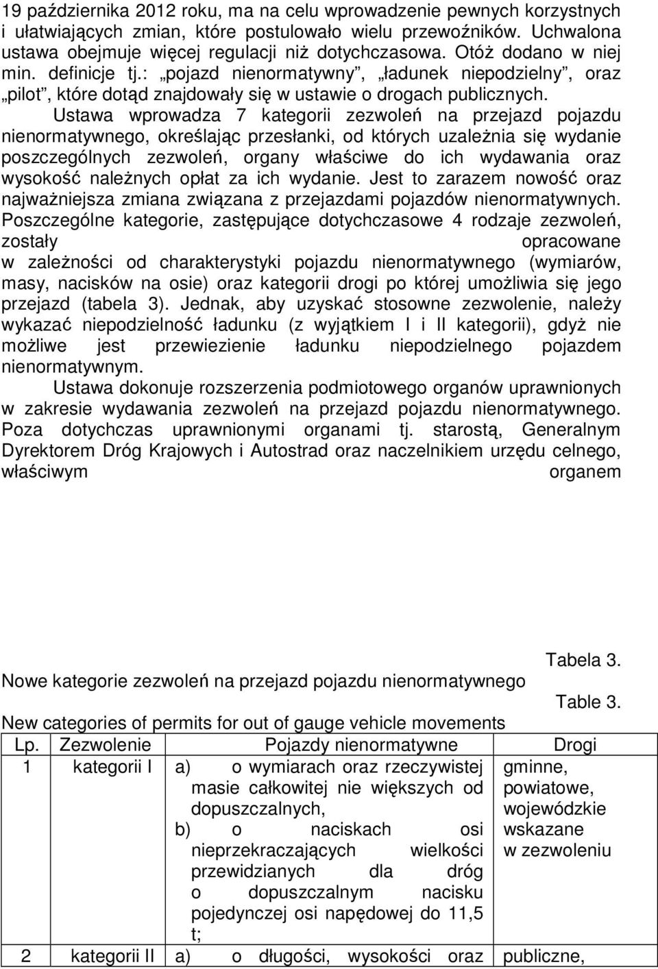 Ustawa wprowadza 7 kategorii zezwoleń na przejazd pojazdu nienormatywnego, określając przesłanki, od których uzależnia się wydanie poszczególnych zezwoleń, organy właściwe do ich wydawania oraz