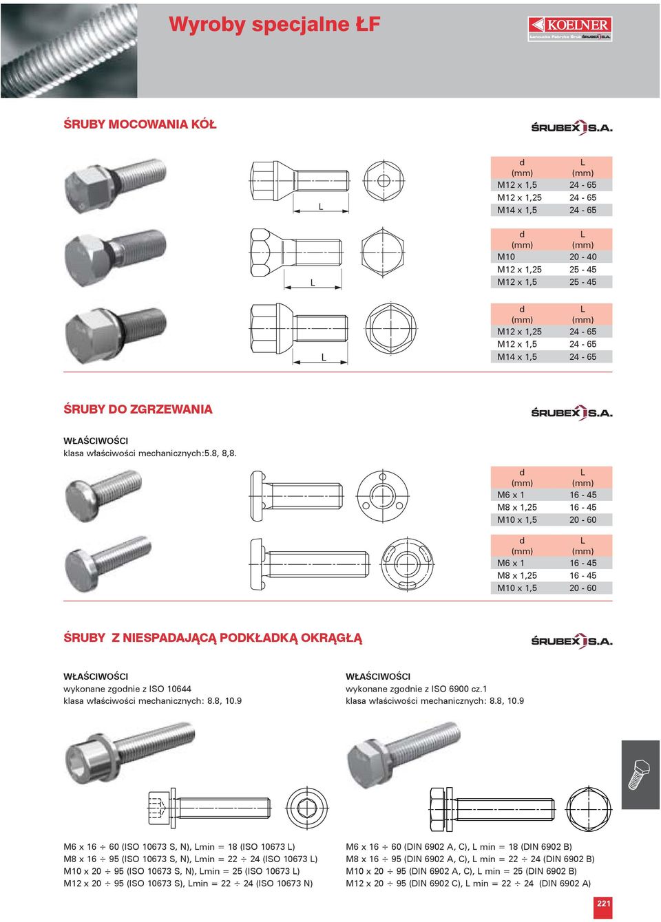 d () () M6 x 1 16-45 M8 x 1,25 16-45 M10 x 1,5 20-60 d () () M6 x 1 16-45 M8 x 1,25 16-45 M10 x 1,5 20-60 ŚRUBY Z NIESPAAJĄCĄ POKŁAKĄ OKRĄGŁĄ wykonane zgodnie z ISO 10644 klasa właściwości