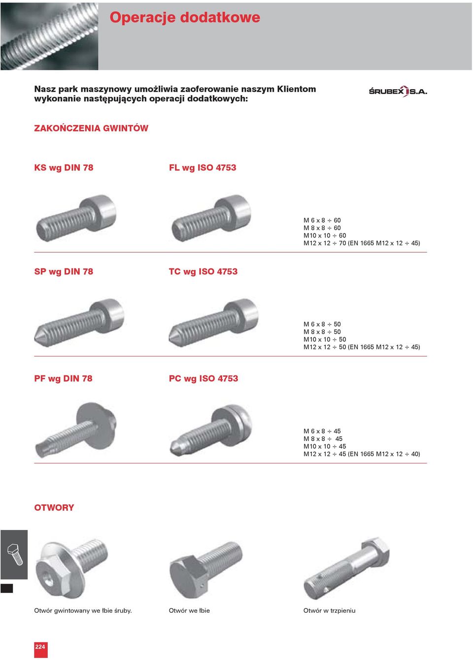 TC wg ISO 4753 M 6 x 8 50 M 8 x 8 50 M10 x 10 50 M12 x 12 50 (EN 1665 M12 x 12 45) PF wg IN 78 PC wg ISO 4753 M 6 x 8 45 M 8