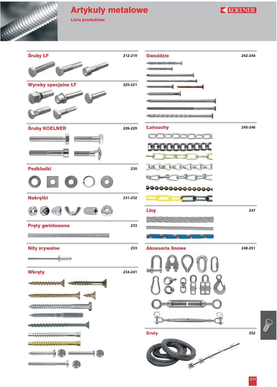 Śruby KOENER 226-229 Łańcuchy 245-246 Podkładki 230 Nakrętki