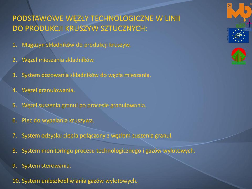 Węzeł suszenia granul po procesie granulowania. 6. Piec do wypalania kruszywa. 7.