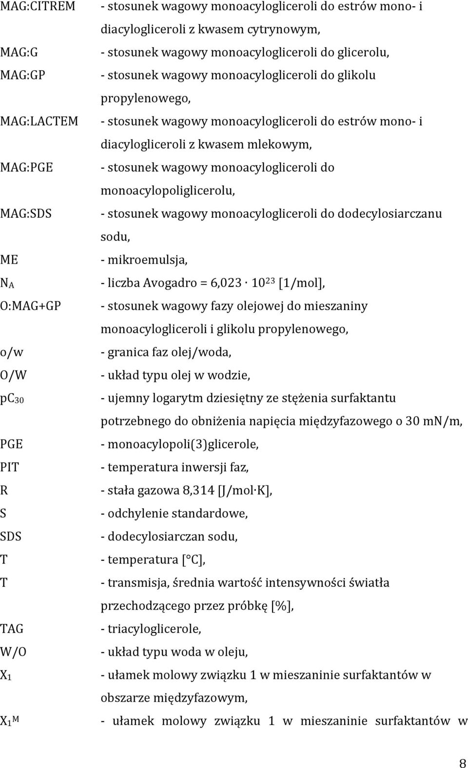 kwasem mlekowym, - stosunek wagowy monoacylogliceroli do monoacylopoliglicerolu, - stosunek wagowy monoacylogliceroli do dodecylosiarczanu sodu, - mikroemulsja, - liczba Avogadro = 6,023 10 23