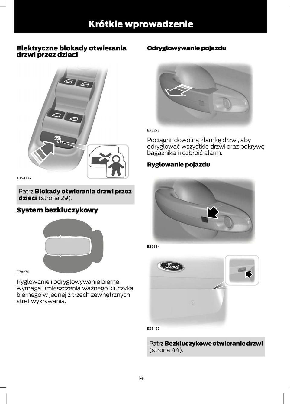 Ryglowanie pojazdu E124779 Patrz Blokady otwierania drzwi przez dzieci (strona 29).