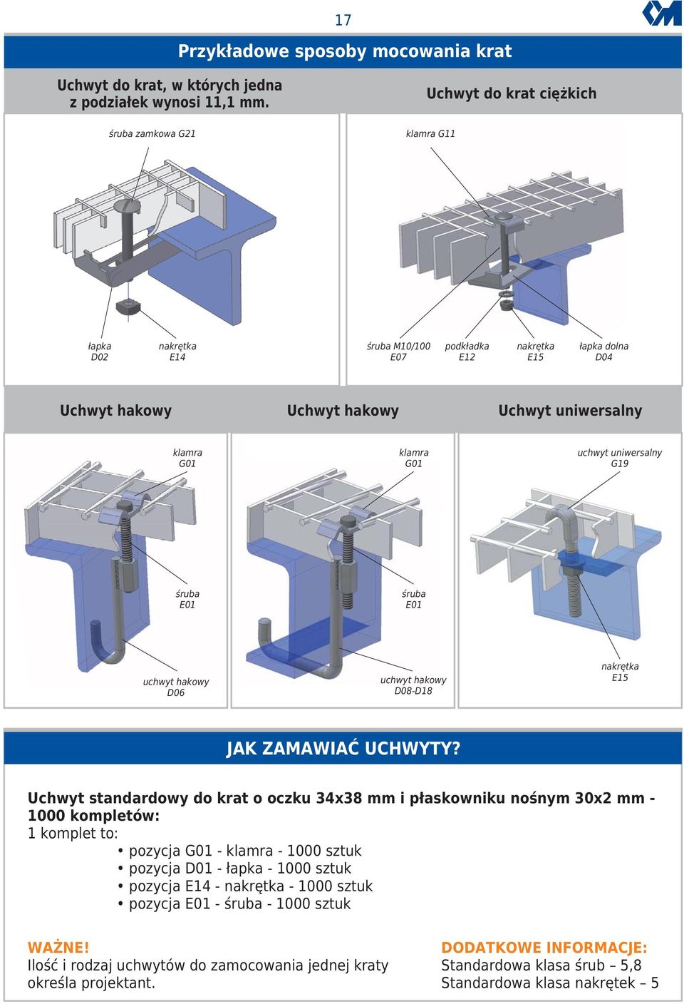uniwersalny G19 śruba E01 śruba E01 uchwyt hakowy D06 uchwyt hakowy D08D18 nakrętka E15 JAK ZAMAWIAĆ UCHWYTY?