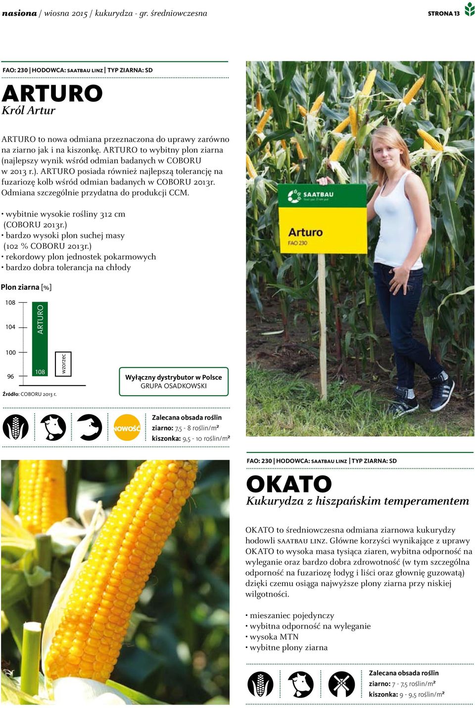 (COBORU 2013r.) (102 % COBORU 2013r.) Plon ziarna [%] 108 104 ARTURO 108 96 Źródło: COBORU 2013 r.