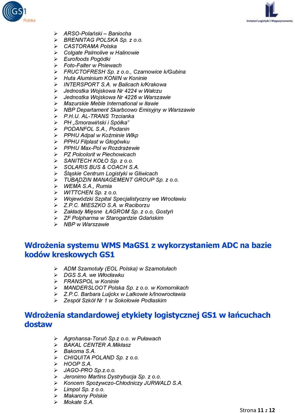 AL-TRANS Trzcianka PH Smorawiński i Spółka PODANFOL S.A., Podanin PPHU Adpal w Koźminie Wlkp PPHU Filplast w Głogówku PPHU Max-Pol w Rozdrażewie PZ Polcolorit w Piechowicach SANITECH KOŁO Sp. z o.o. SOLARIS BUS & COACH S.