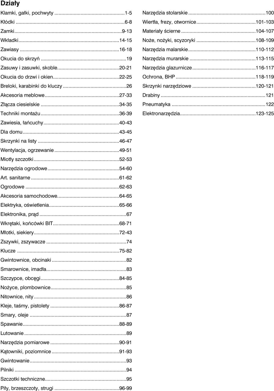..104-107 No e, no yki, scyzoryki...108-109 Narzêdzia malarskie...110-112 Narzêdzia murarskie...113-115 Narzêdzia glazurnicze...116-117 Ochrona, BHP...118-119 Skrzynki narzêdziowe...120-121 Drabiny.