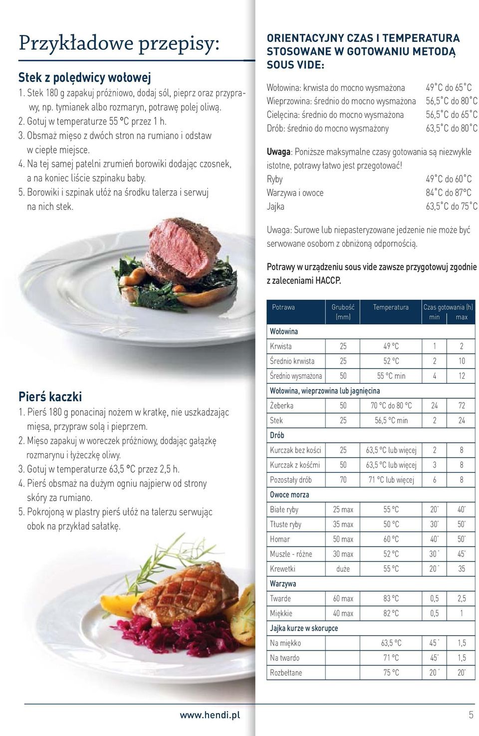 ORIENTACYJNY CZAS I TEMPERATURA STOSOWANE W GOTOWANIU METODĄ SOUS VIDE: Wołowina: krwista do mocno wysmażona Wieprzowina: średnio do mocno wysmażona Cielęcina: średnio do mocno wysmażona Drób: