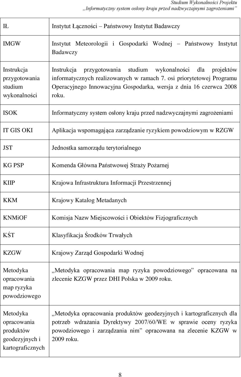 osi priorytetowej Programu Operacyjnego Innowacyjna Gospodarka, wersja z dnia 16 czerwca 2008 roku.