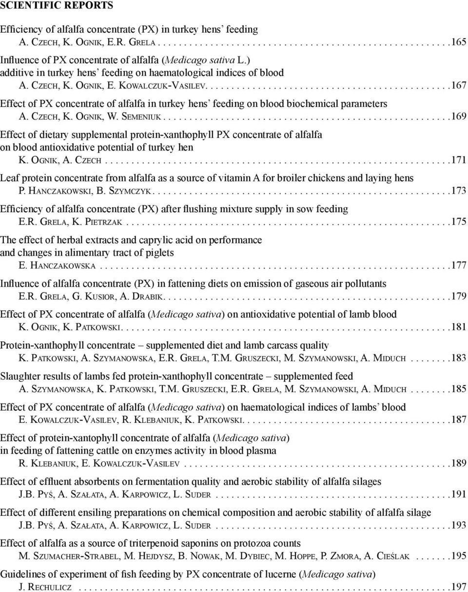 ..............................................167 Effect of PX concentrate of alfalfa in turkey hens feeding on blood biochemical parameters A. Czech, K. Ognik, W. Semeniuk.