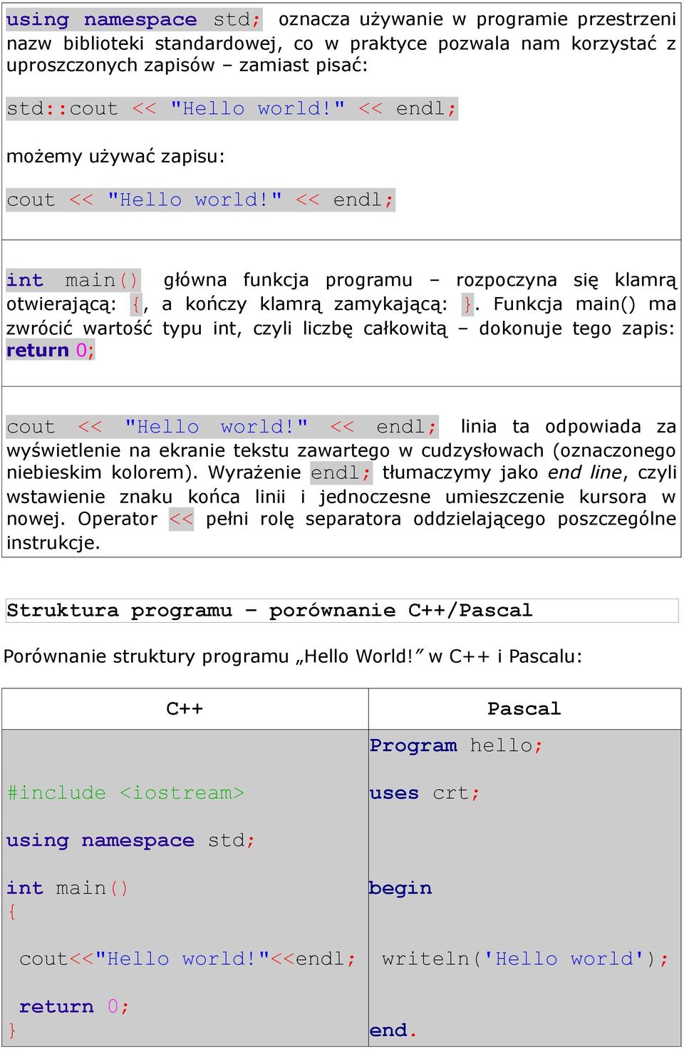 Funkcja main() ma zwrócić wartość typu int, czyli liczbę całkowitą dokonuje tego zapis: return 0; cout << "Hello world!