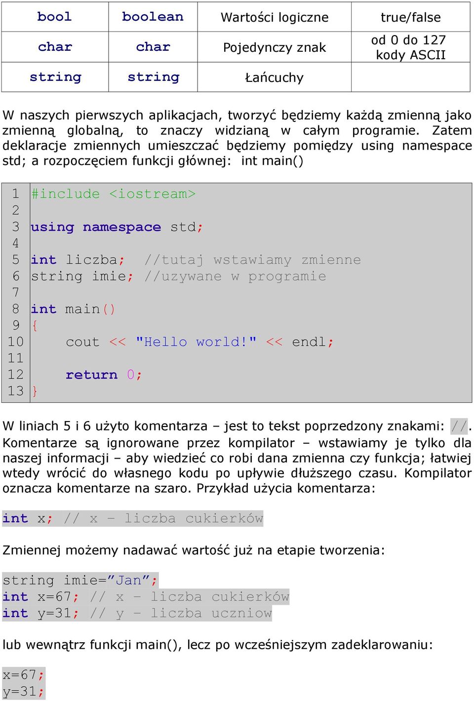 Zatem deklaracje zmiennych umieszczać będziemy pomiędzy using namespace std; a rozpoczęciem funkcji głównej: int main() 1 2 3 4 5 6 7 8 9 10 11 12 13 #include <iostream> using namespace std; int