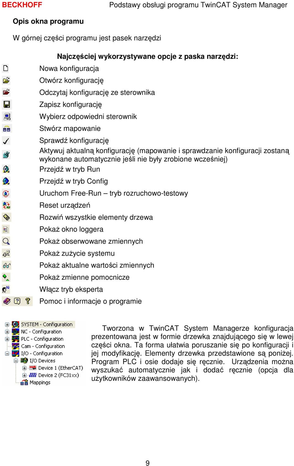 zrobione wcześniej) Przejdź w tryb Run Przejdź w tryb Config Uruchom Free-Run tryb rozruchowo-testowy Reset urządzeń Rozwiń wszystkie elementy drzewa PokaŜ okno loggera PokaŜ obserwowane zmiennych