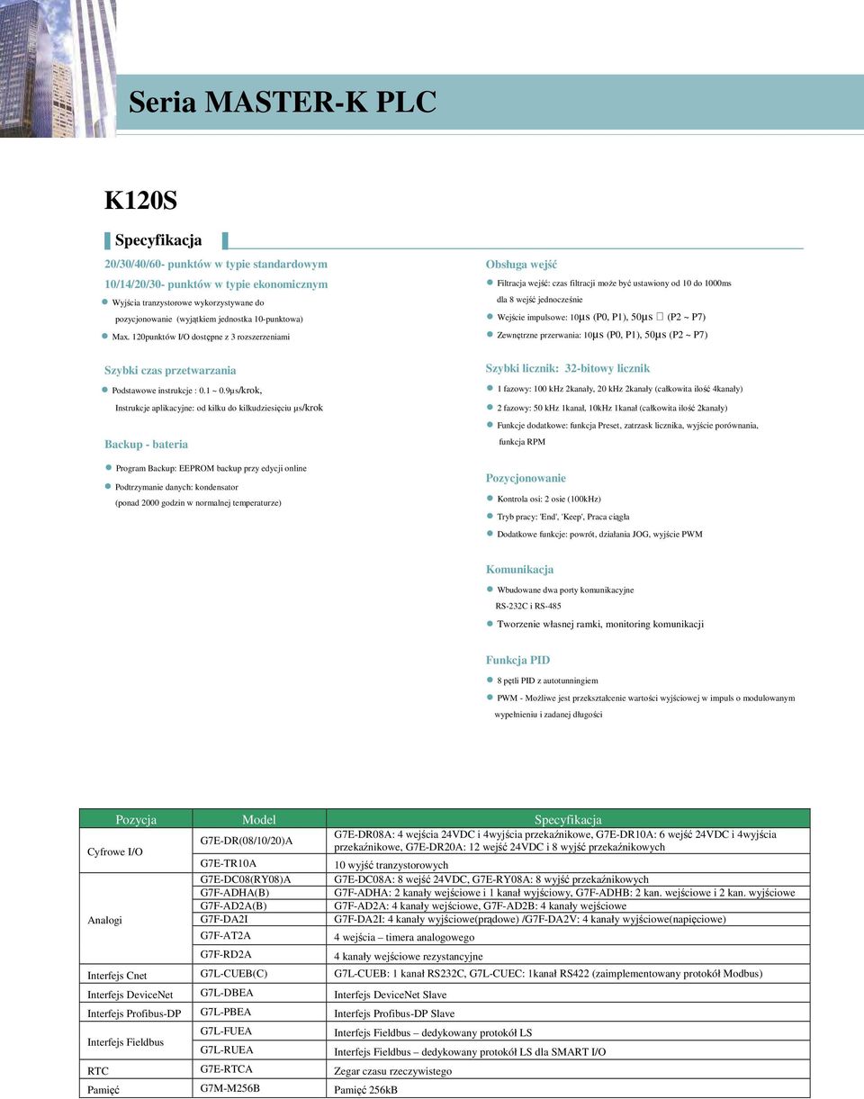 9µs/krok, Instrukcje aplikacyjne: od kilku do kilkudziesięciu µs/krok Backup - bateria Program Backup: EEPROM backup przy edycji online Podtrzymanie danych: kondensator (ponad 2000 godzin w normalnej