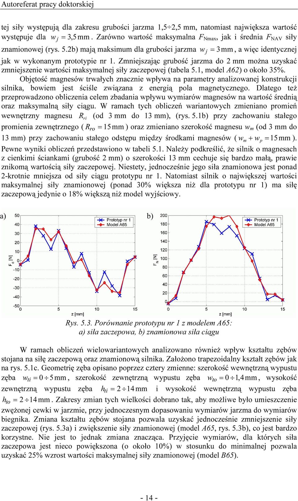 Zmniejszając grubość jarzma do 2 mm moŝna uzyskać zmniejszenie wartości maksymalnej siły zaczepowej (tabela 5.1, model A62) o około 35%.