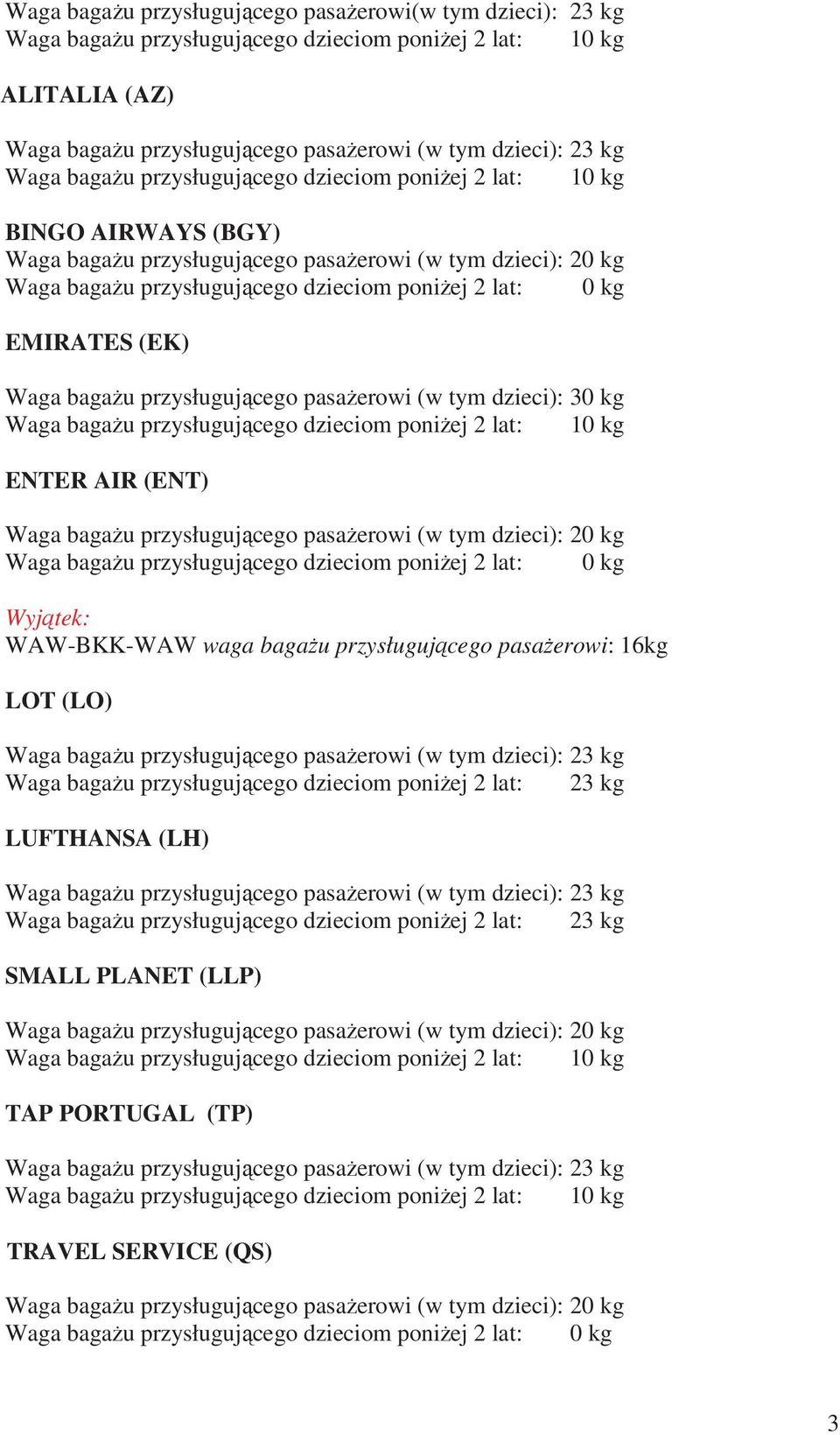 bagau przysługujcego pasaerowi (w tym dzieci): 30 kg Waga bagau przysługujcego dzieciom poniej 2 lat: 10 kg ENTER AIR (ENT) Waga bagau przysługujcego pasaerowi (w tym dzieci): 20 kg Waga bagau