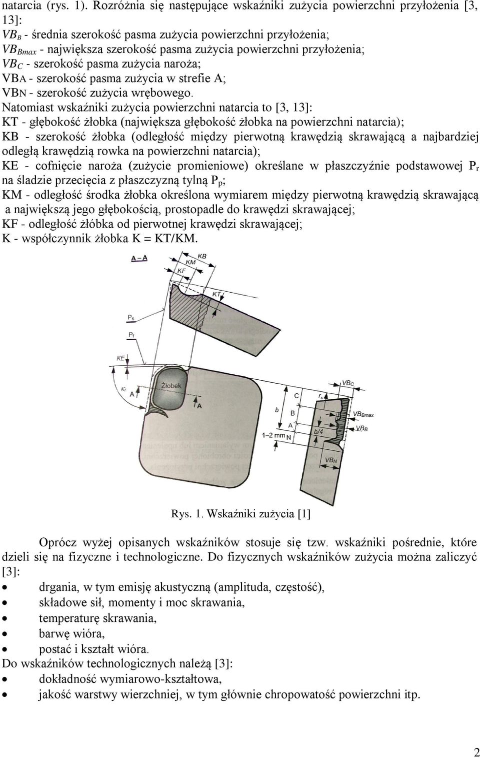 przyłożenia; VB C - szerokość pasma zużycia naroża; VBA - szerokość pasma zużycia w strefie A; VBN - szerokość zużycia wrębowego.