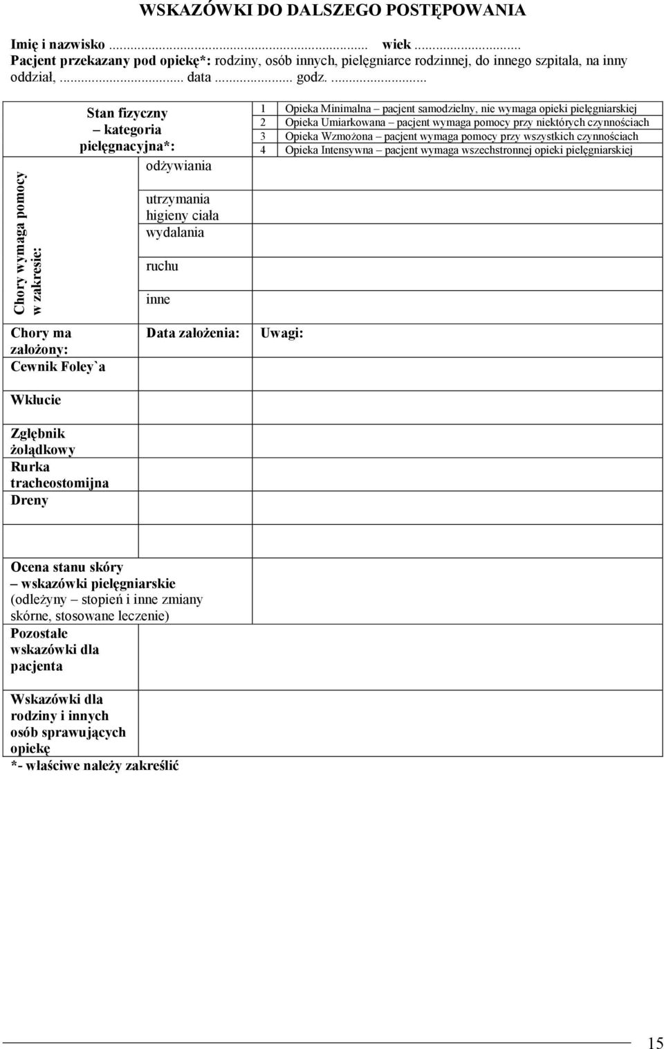 ciach 3 Opieka Wzmo ona pacjent wymaga pomocy przy wszystkich czynno ciach piel gnacyjna*: 4 Opieka Intensywna pacjent wymaga wszechstronnej opieki piel gniarskiej od ywiania utrzymania higieny ciała