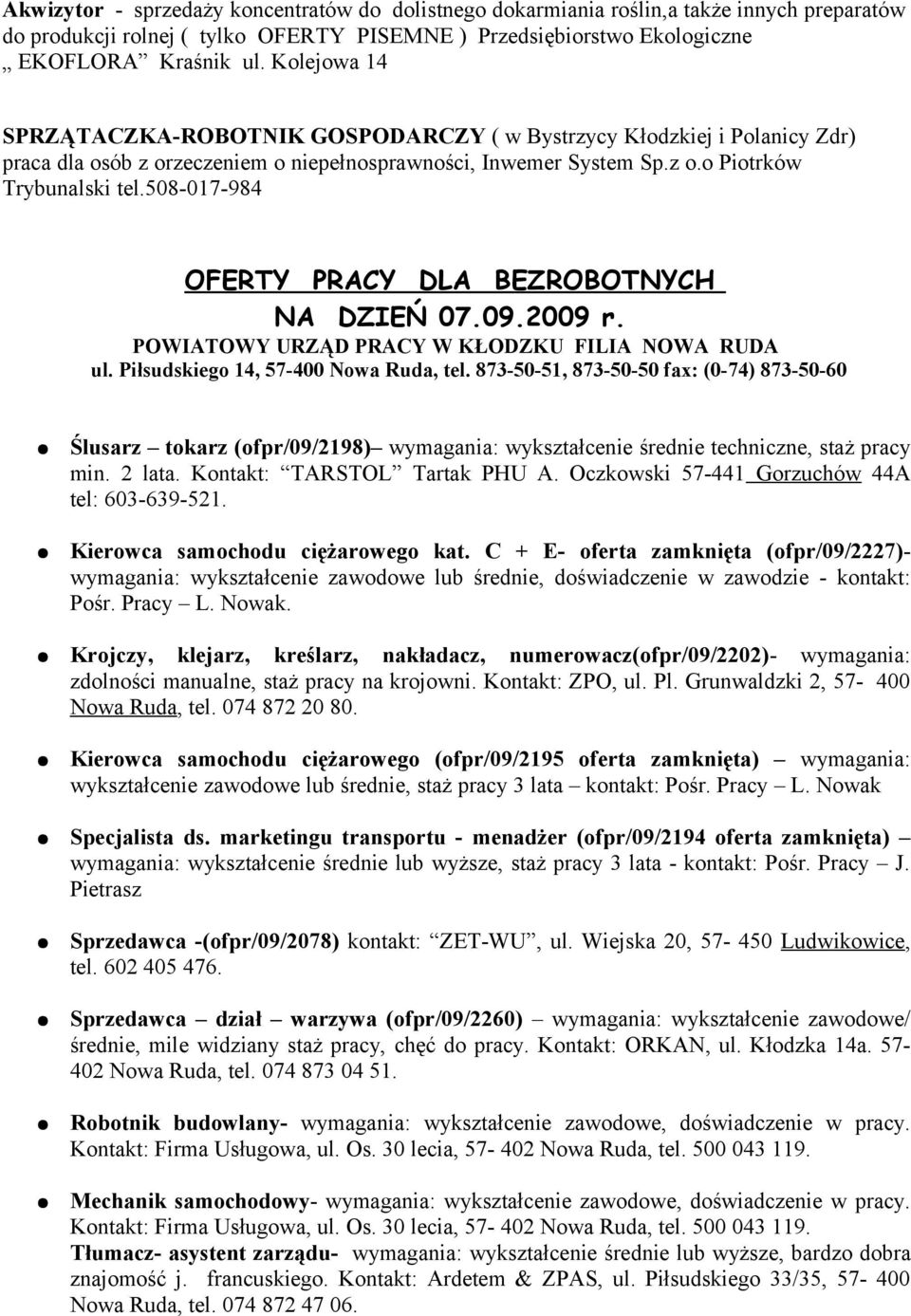 508-017-984 OFERTY PRACY DLA BEZROBOTNYCH NA DZIEŃ 07.09.2009 r. POWIATOWY URZĄD PRACY W KŁODZKU FILIA NOWA RUDA ul. Piłsudskiego 14, 57-400 Nowa Ruda, tel.