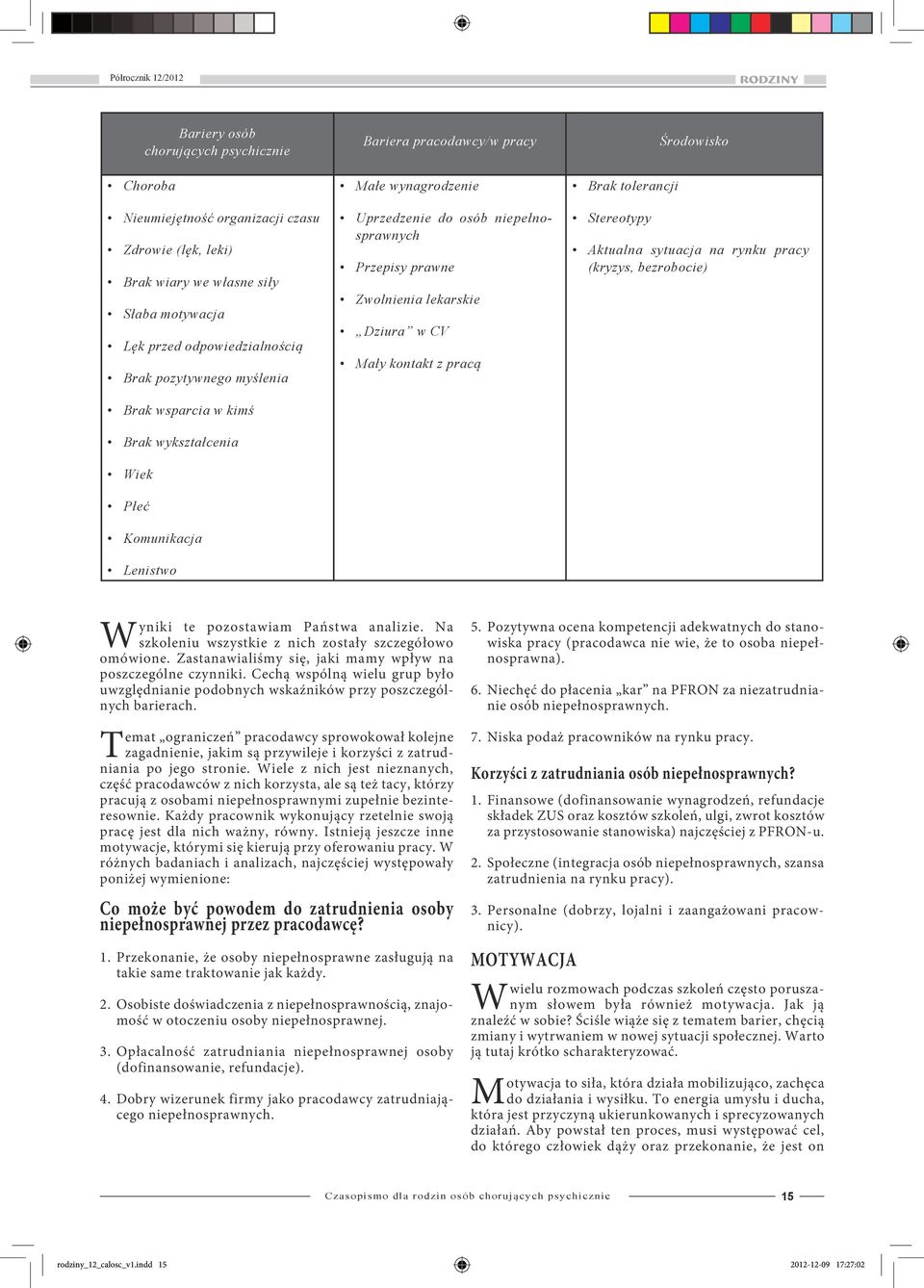 Mały kontakt z pracą Brak tolerancji Stereotypy Środowisko Aktualna sytuacja na rynku pracy (kryzys, bezrobocie) Wyniki te pozostawiam Państwa analizie.