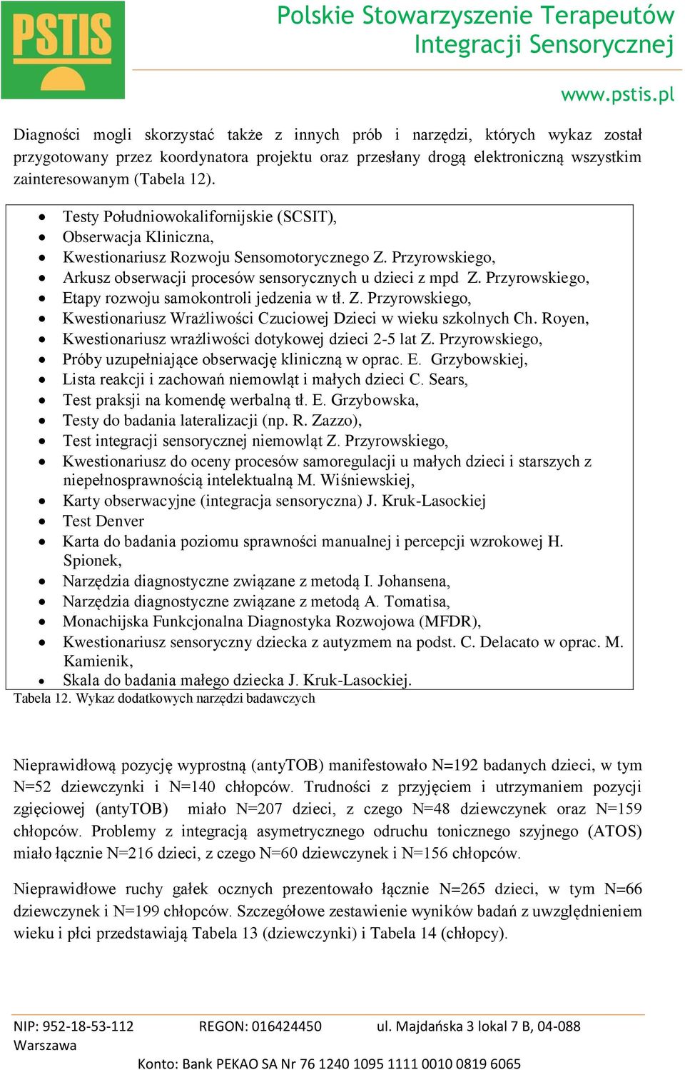 Przyrowskiego, Etapy rozwoju samokontroli jedzenia w tł. Z. Przyrowskiego, Kwestionariusz Wrażliwości Czuciowej Dzieci w wieku szkolnych Ch.