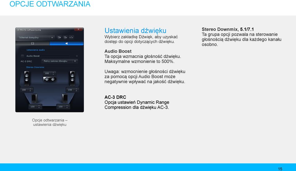 Audio Boost Ta opcja wzmacnia głośność dźwięku. Maksymalne wzmonienie to 500%.